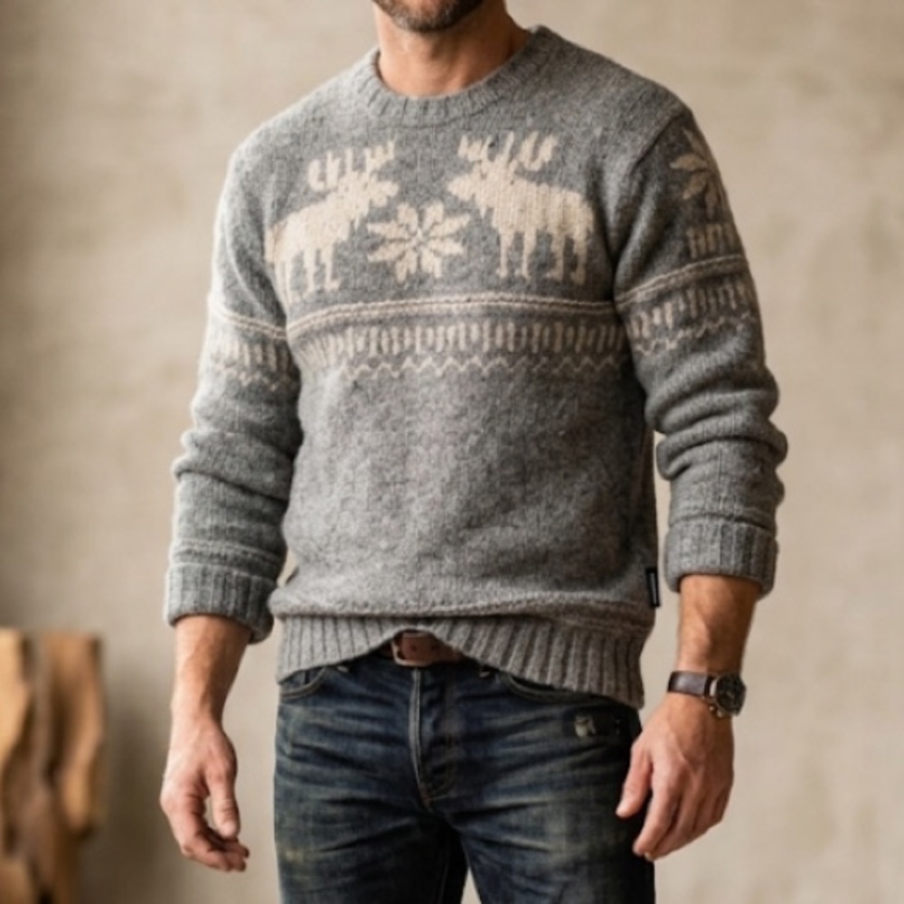 Abercrombie & Fitch Men's Gray Wool Pullover Handknit Moose Fair Isle Sweater M